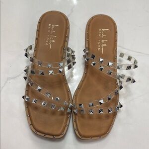 Nicole Miller Tan and Silver Studded Sandals